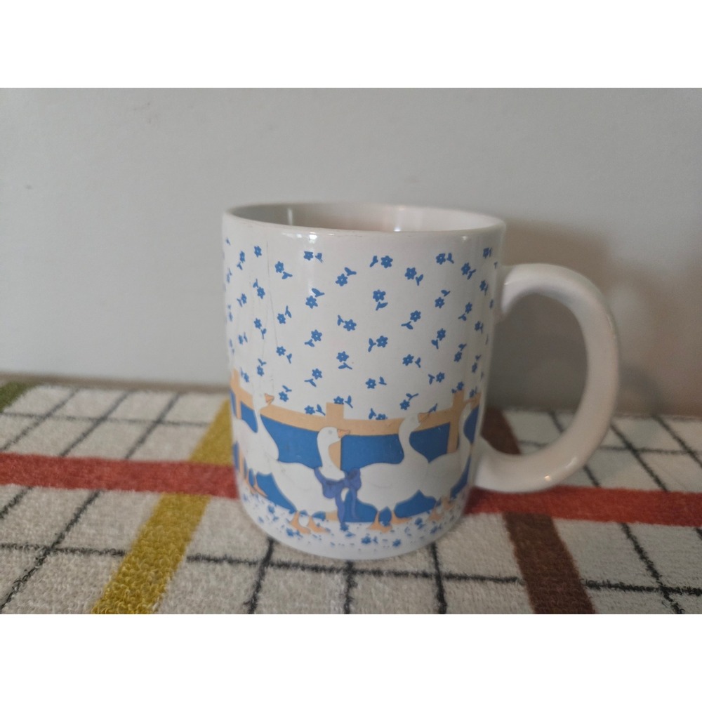 Vintage Country Geese Coffee Mug Blue Floral Picket Fence Farmhouse Ceramic Cup